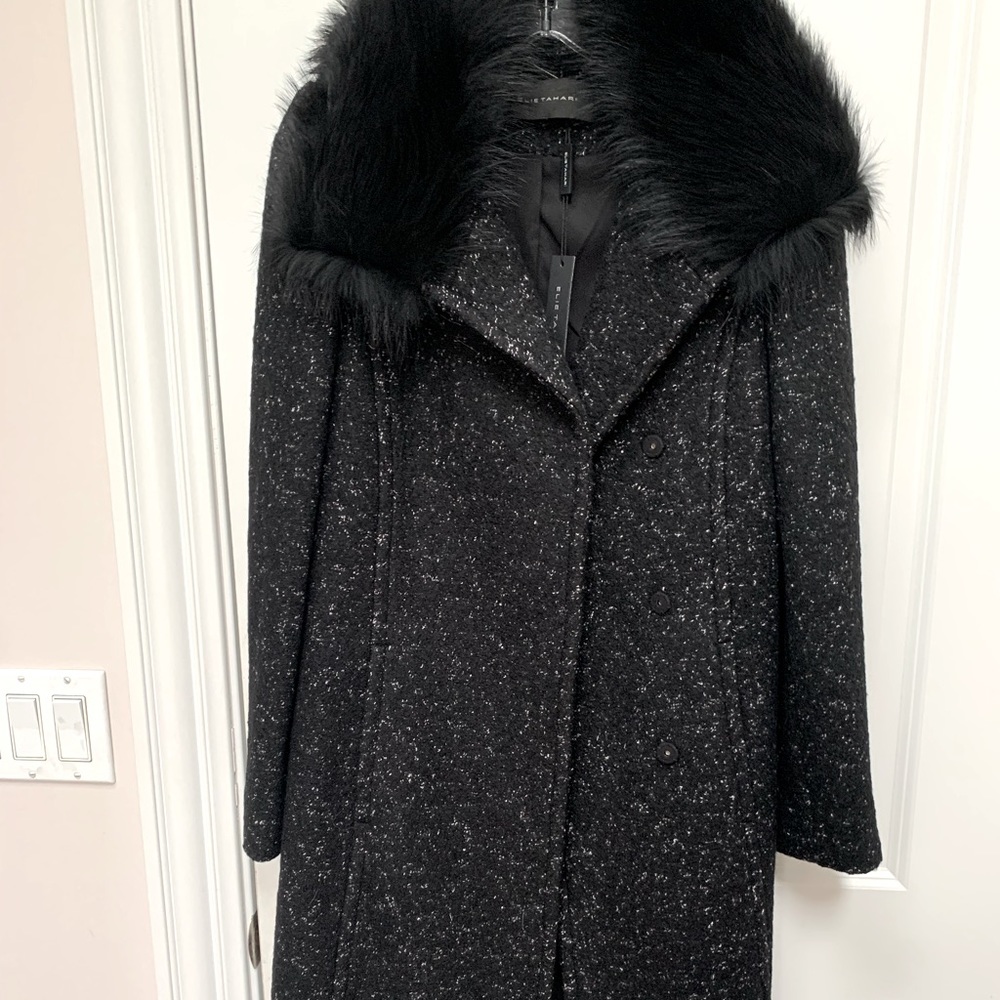 Elie Tahari Anna Fitted Wool Coat Real Fur Collar